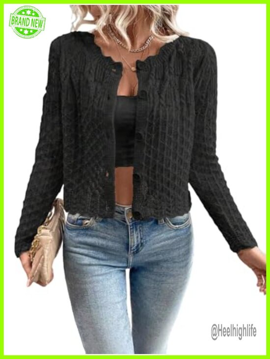 Sweaters - Knit Cardigan Sweater Cropped Crewneck Long Sleeve Button Front Fall Top